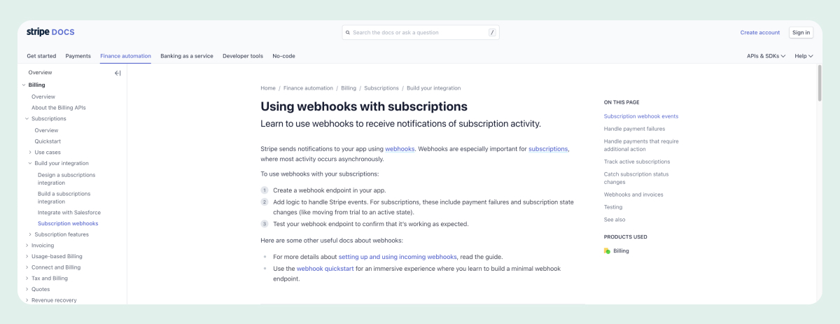 Stripe webhooks page